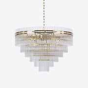Tiered crystal glass chandelier with gold frame and chain suspension