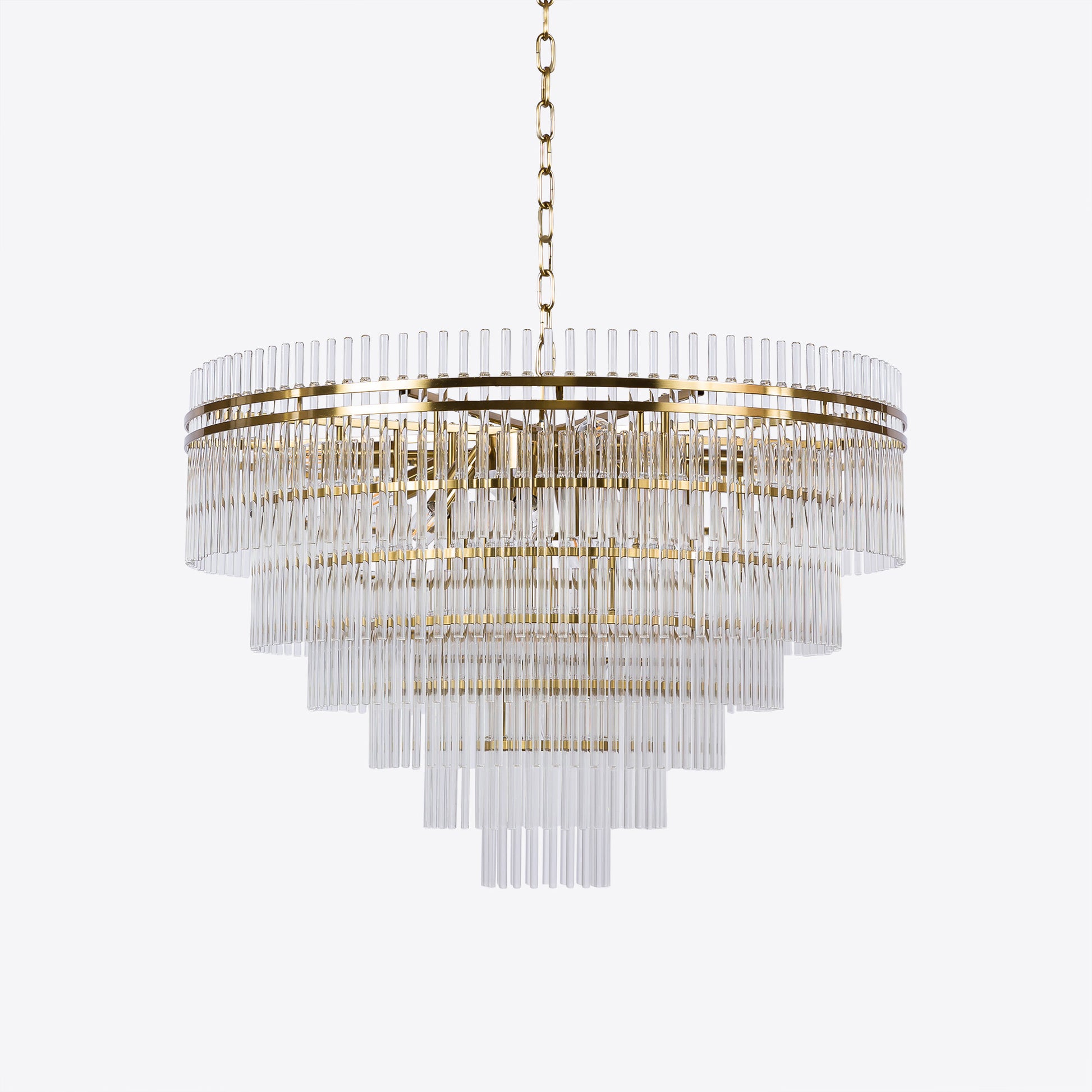 Tiered crystal glass chandelier with gold frame and chain suspension