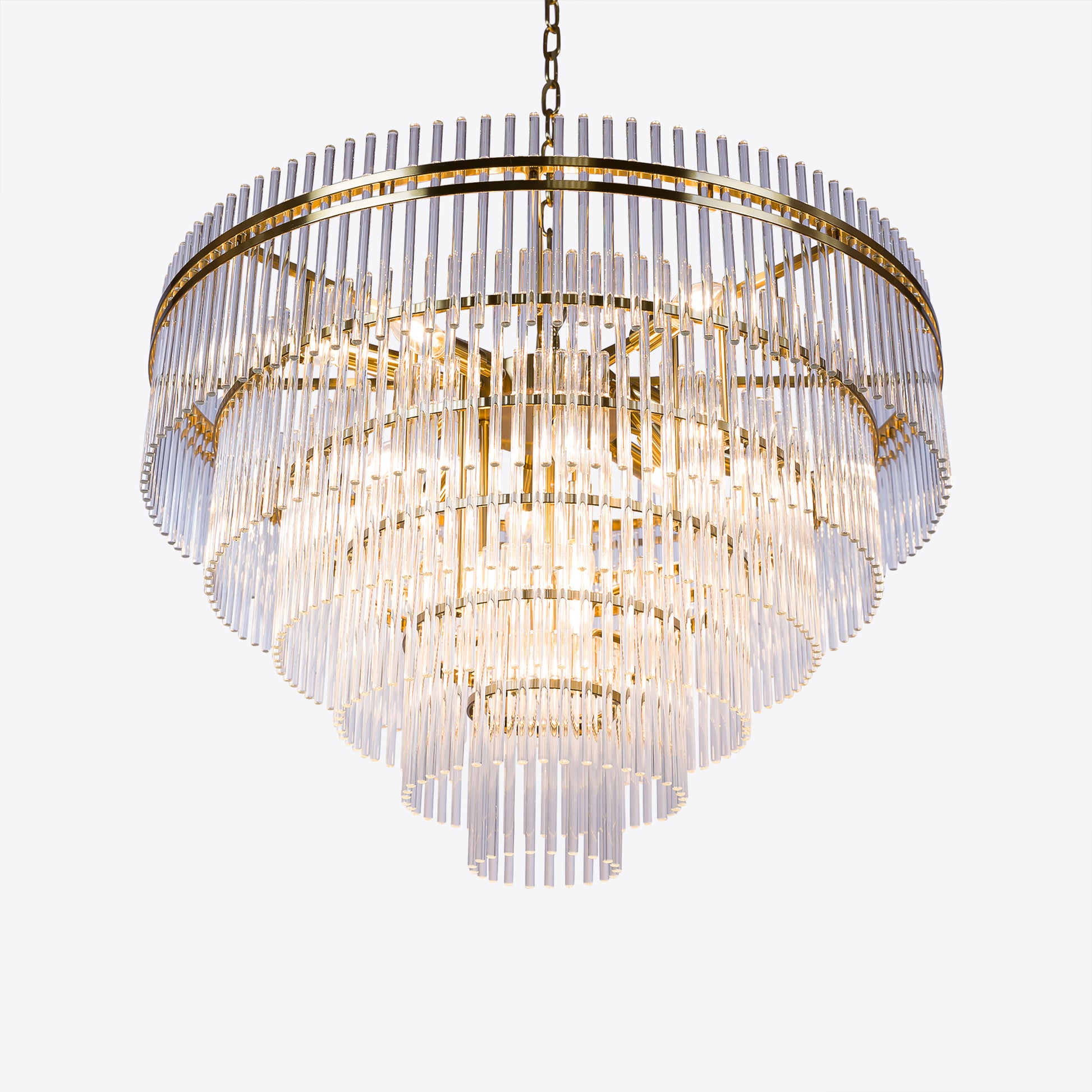 Tiered crystal glass chandelier with gold frame and chain suspension