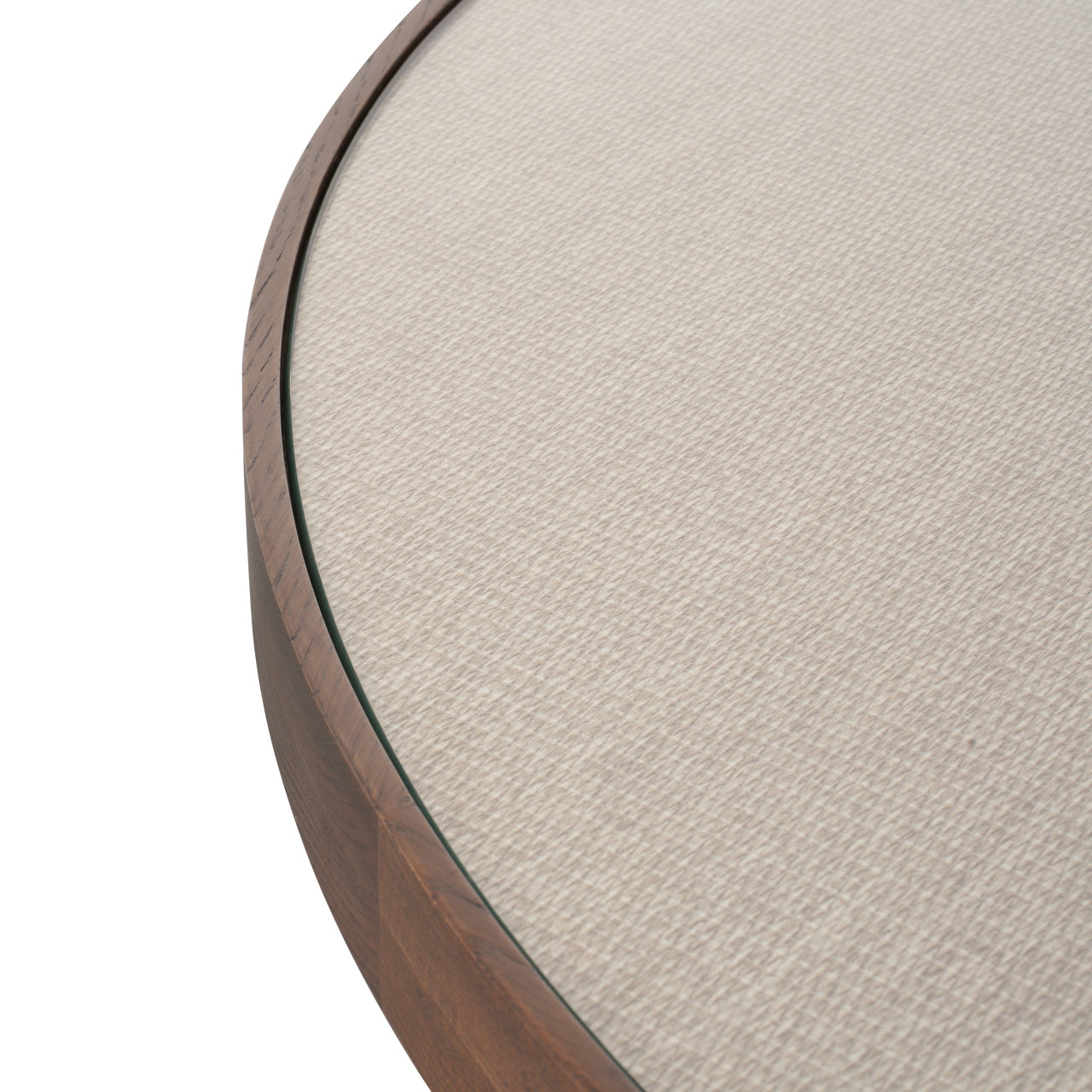 Luxury round dining table with wood grain top and brass accent