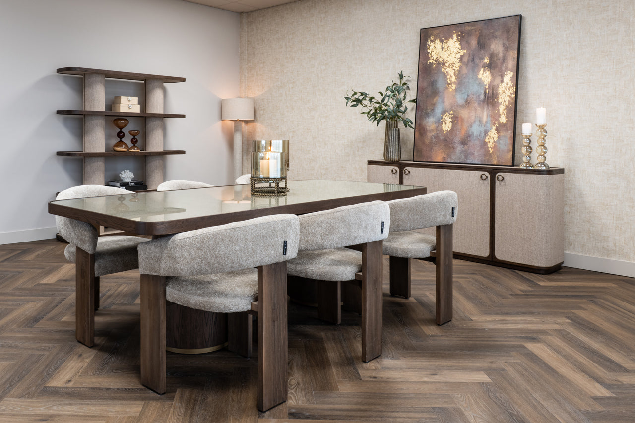 Contemporary rectangular dining table in dark wood with pedestal legs