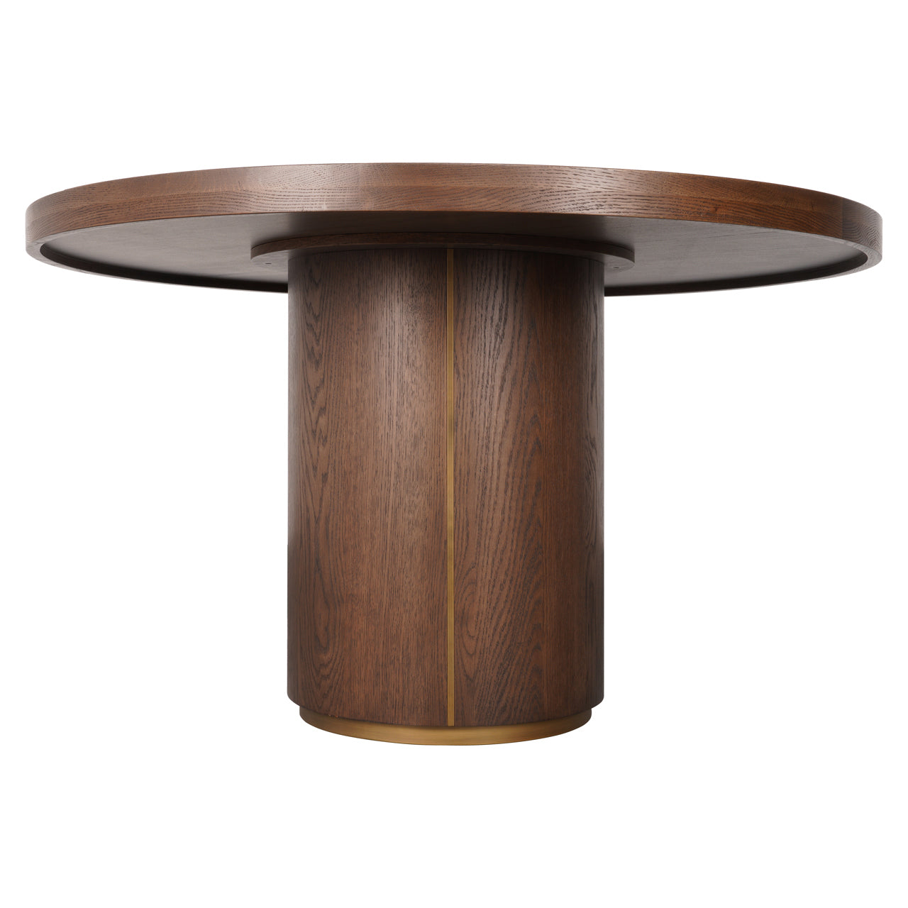 Luxury round dining table with wood grain top and brass accent