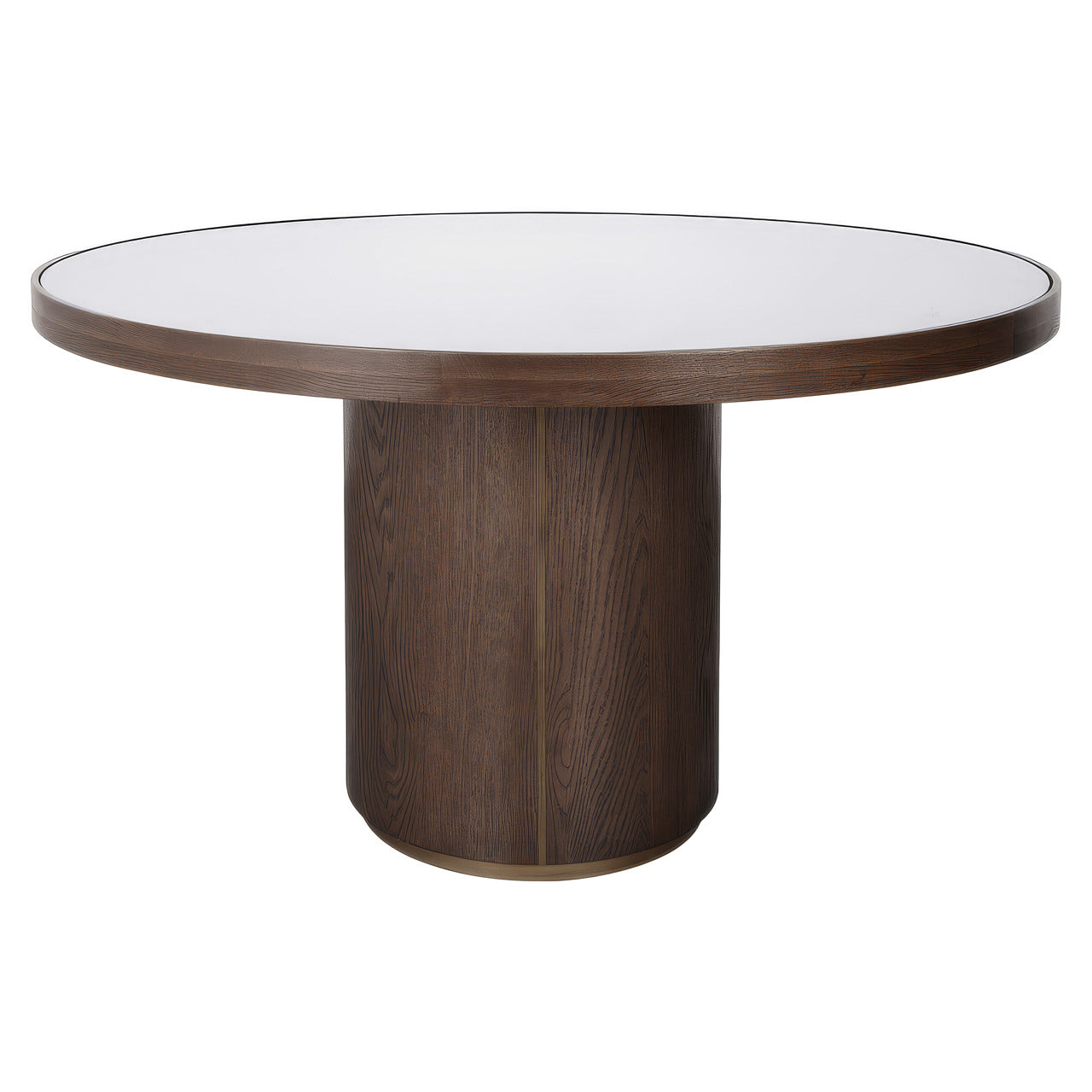 Luxury round dining table with wood grain top and brass accent