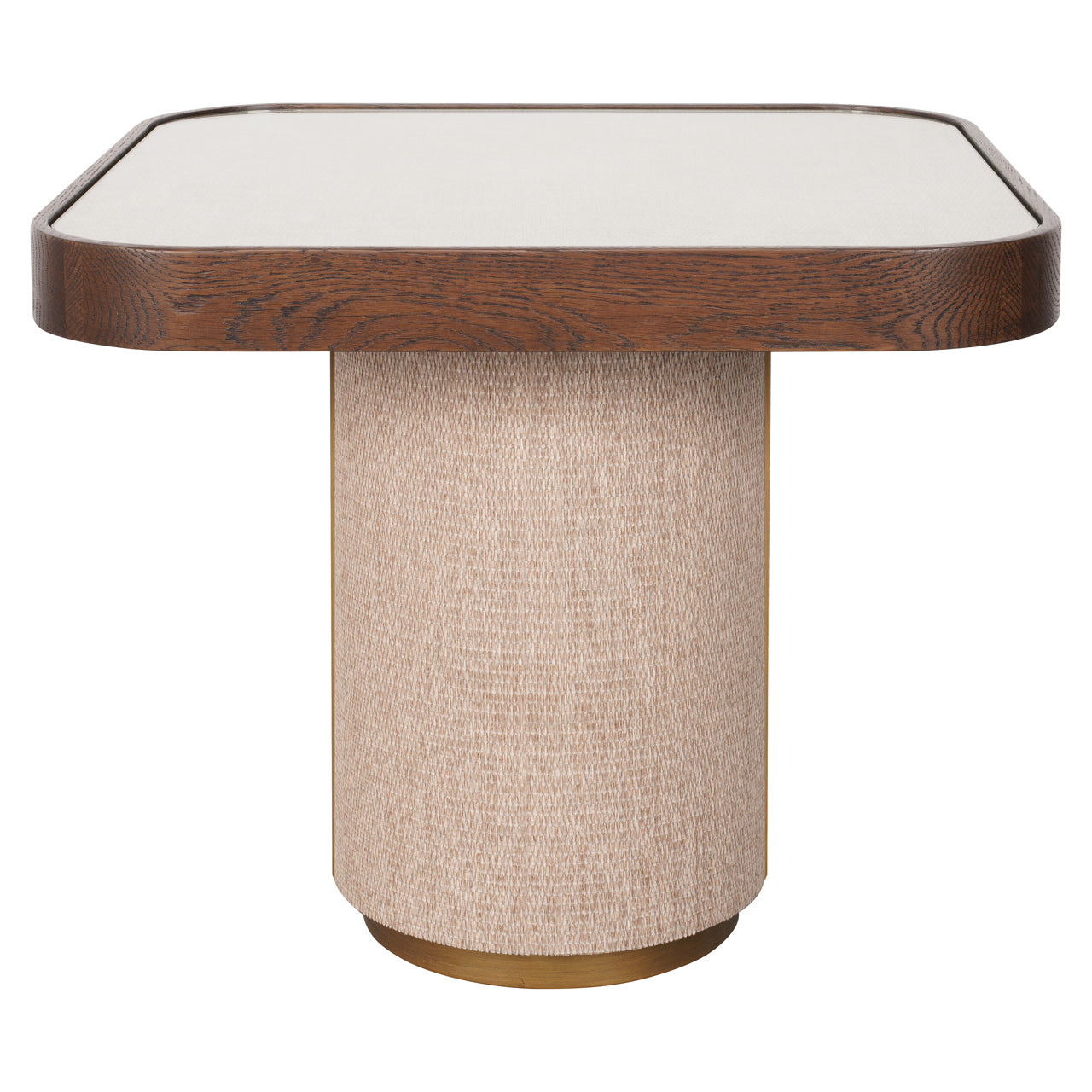 Modern wood side table with upholstered base and brass accents