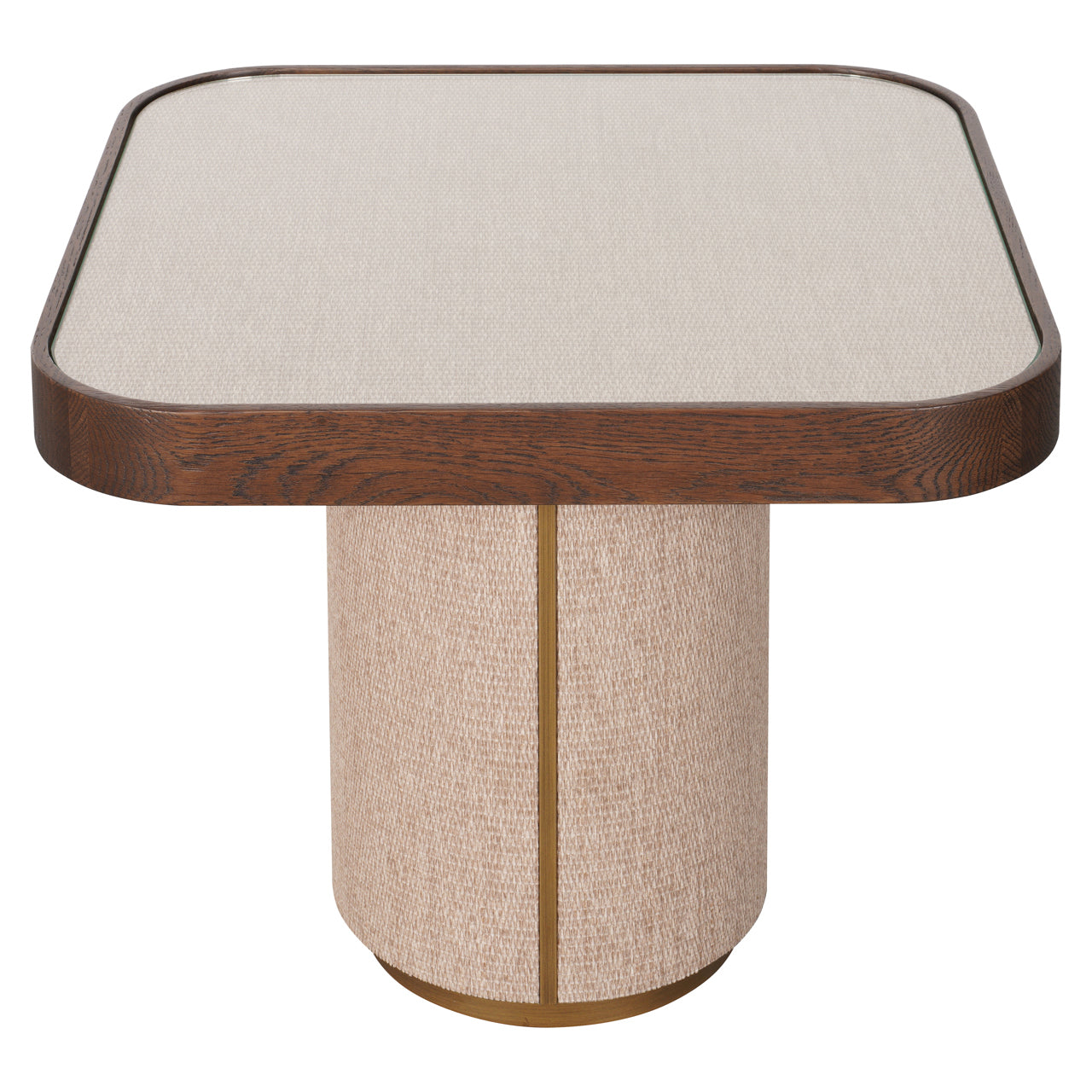 Modern wood side table with upholstered base and brass accents