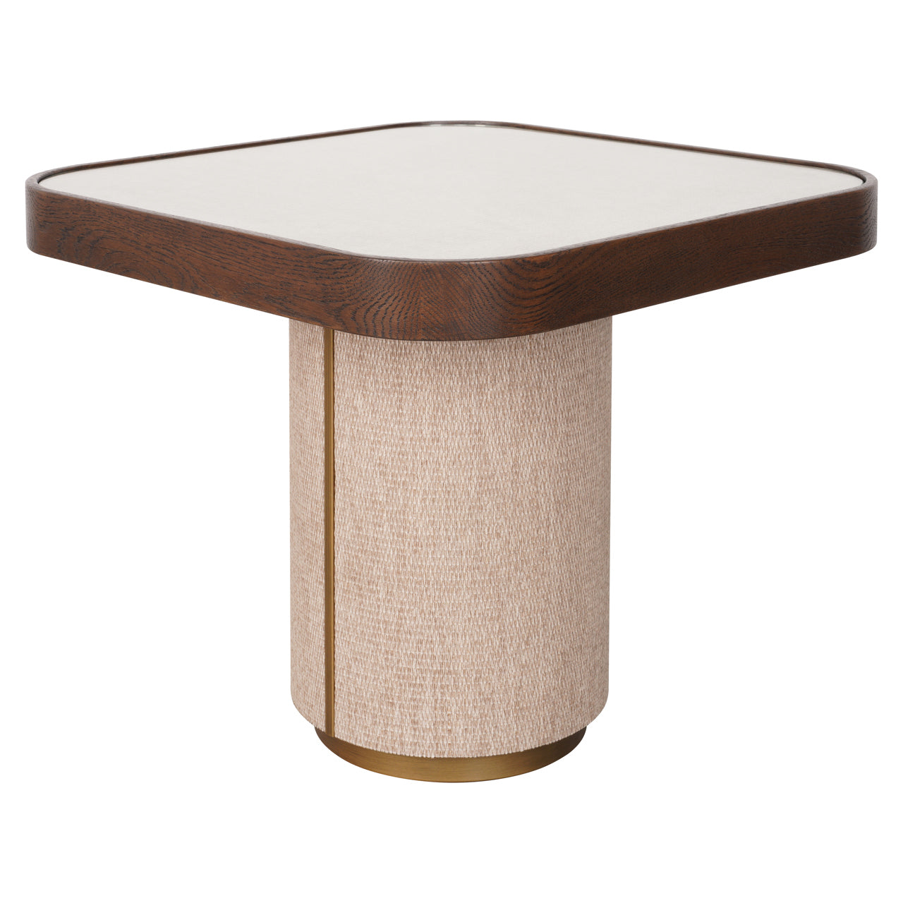 Modern wood side table with upholstered base and brass accents