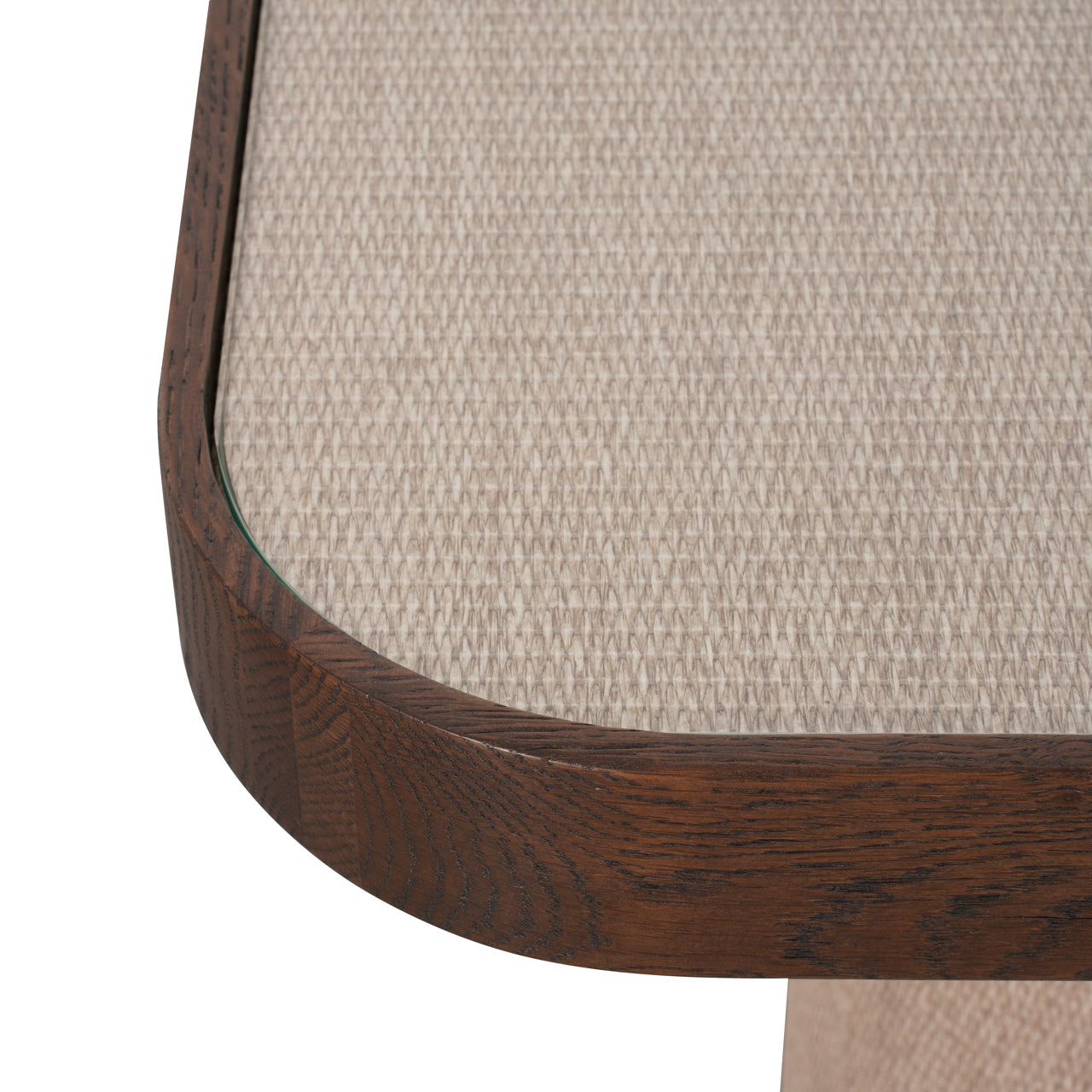 Modern wood side table with upholstered base and brass accents