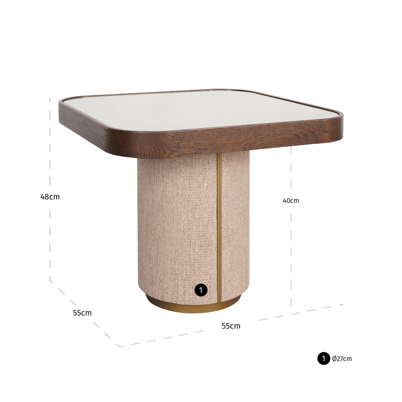 Modern wood side table with upholstered base and brass accents