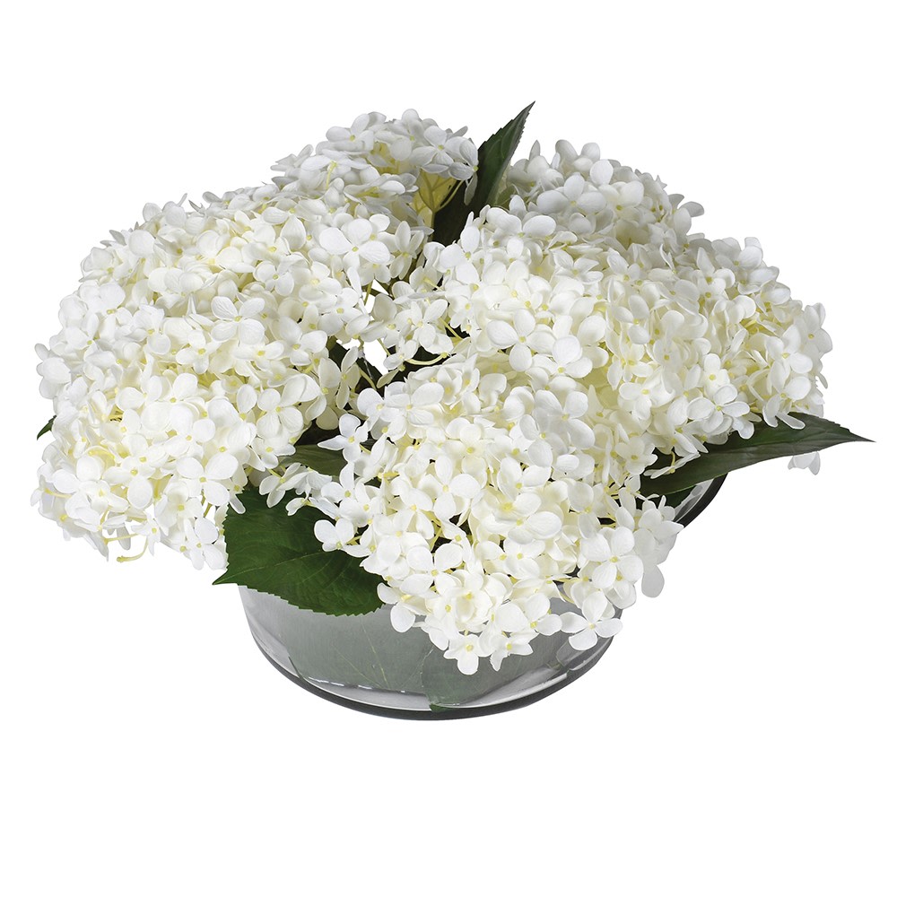 White Hydrangea Arrangement in Low Glass Bowl