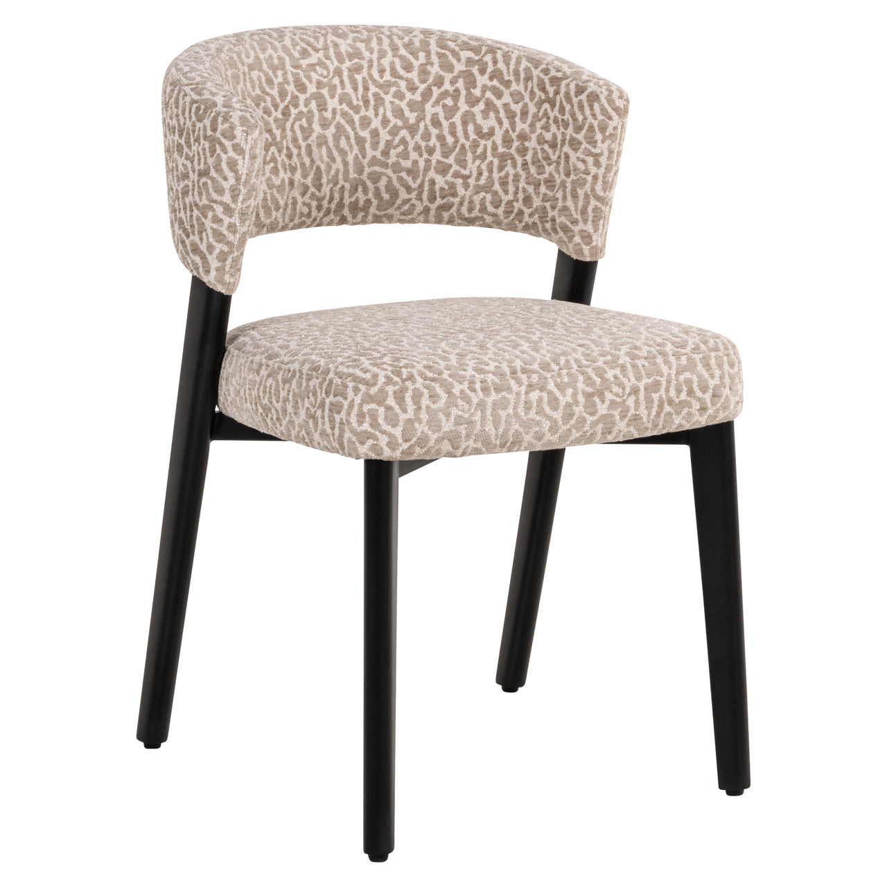 Contemporary dining chair with animal print fabric and black frame