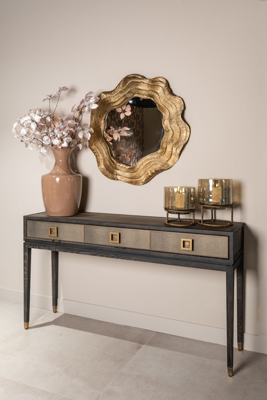 Shagreen and wood console table with drawers and gold handles