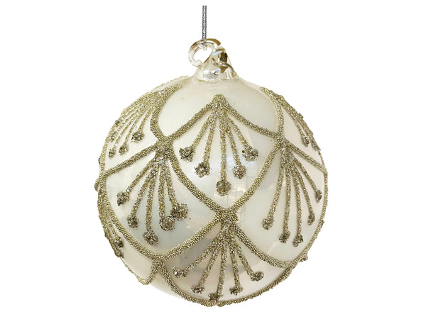 Glass ball pearl white with bead glitter deco 10cm