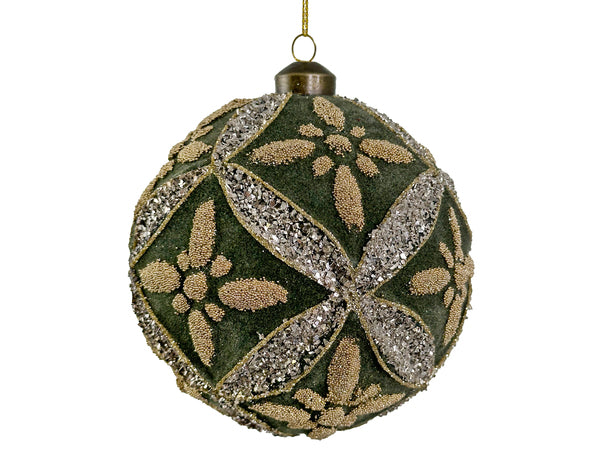 Glass floral green velvet bauble with beads 12cm